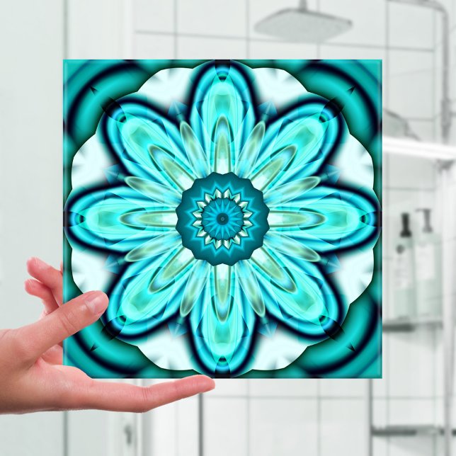 Azulejos de baño de flores fractales turquesas (Ceramic bathroom tile featuring a fractal design in turquoise teal in the shape of a star flower)