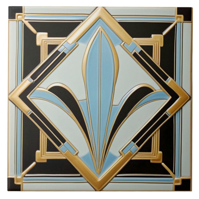 Azulejos de cerámica azul y negro Art Deco. (Frente)