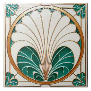 Azulejos de cerámica crema y verde Art Déco.
