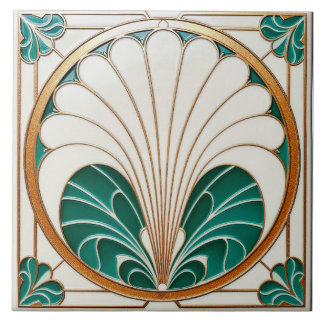 Azulejos de cerámica crema y verde Art Déco.