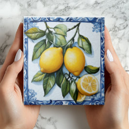 Azulejos de cerámica de limón y borde azul de vint