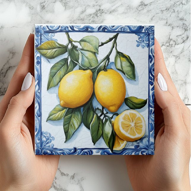Azulejos de cerámica de limón y borde azul de vint (Vintage European Lemons Ceramic Tile in Classic Pottery Painted Style with Blue Border Shower Favor)