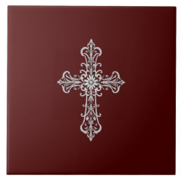 Azulejos de cerámica roja oscura con cruz plateada