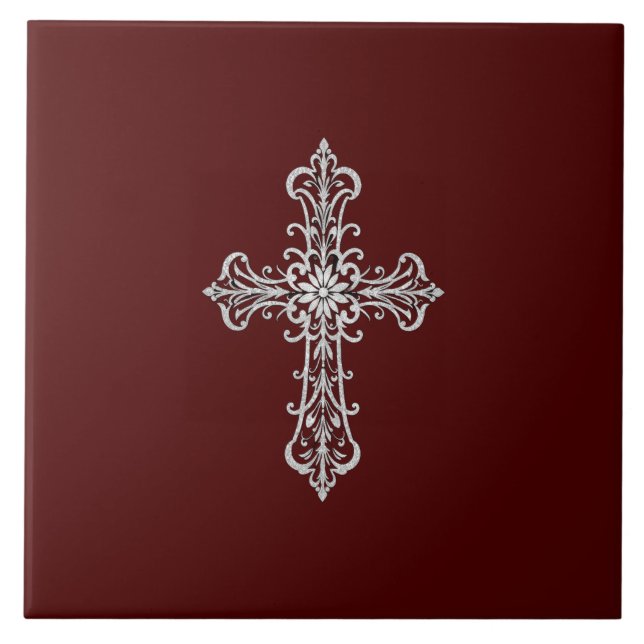 Azulejos de cerámica roja oscura con cruz plateada (Frente)