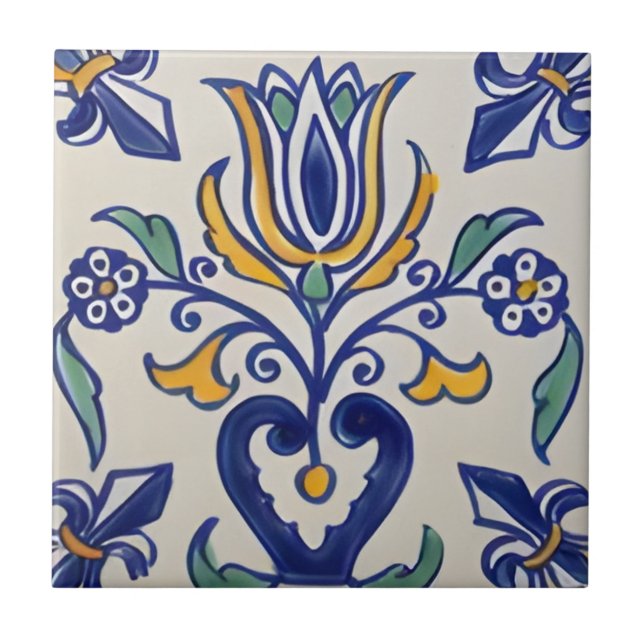 azulejos de motivos florales clásicos azules y ama (Frente)