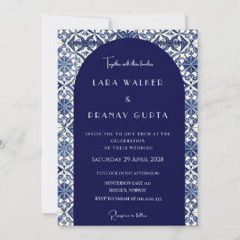 Azulejos de verano azul y blanco Invitación de bod