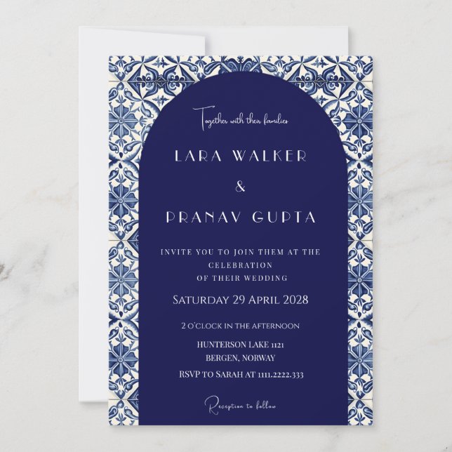 Azulejos de verano azul y blanco Invitación de bod (Anverso)