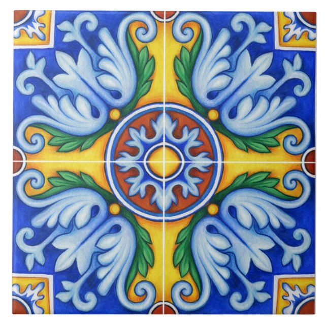 Azulejos floral azul geométrico repro portugués (Frente)