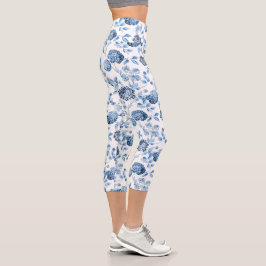 Azulejos Florales Azules y Blancas Capri Leggings