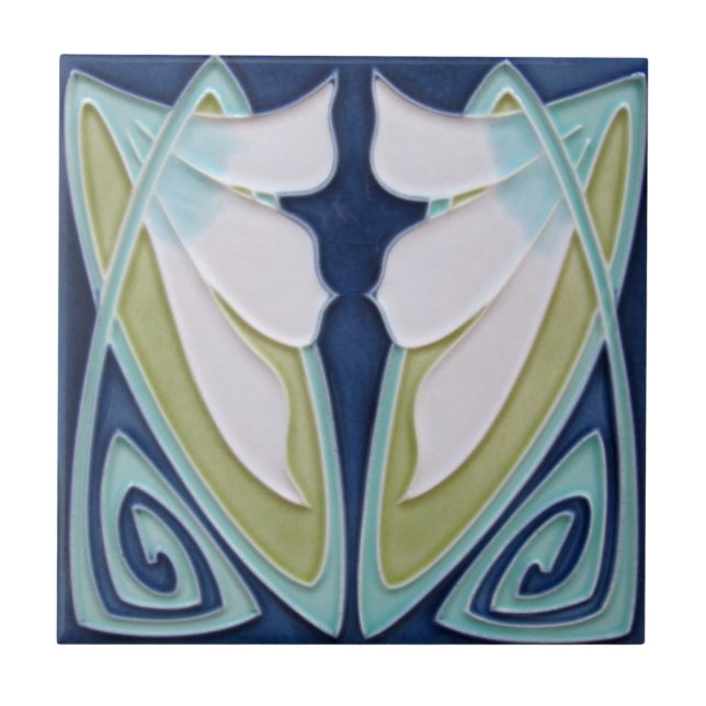 Azulejos - fondo azul Art Nouveau Flores blancas (Frente)