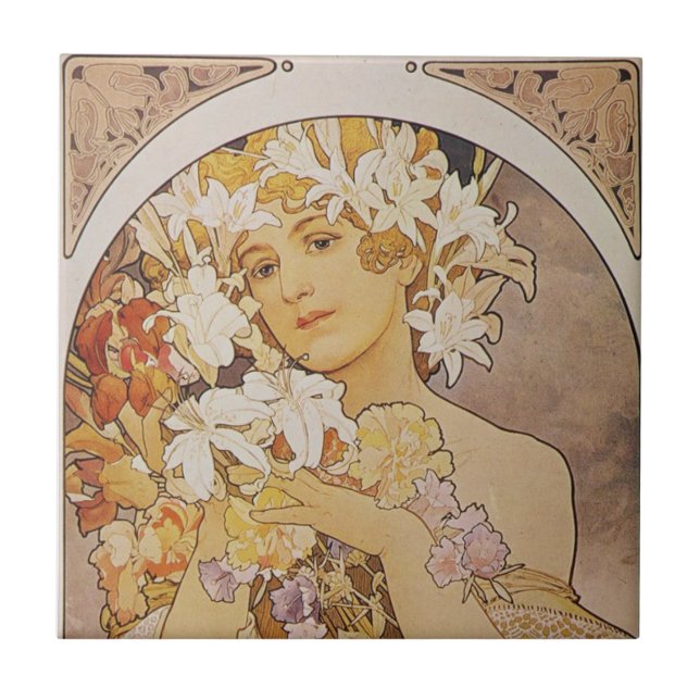 Azulejos - Mucha Flores Dama Art Nouveau (Frente)
