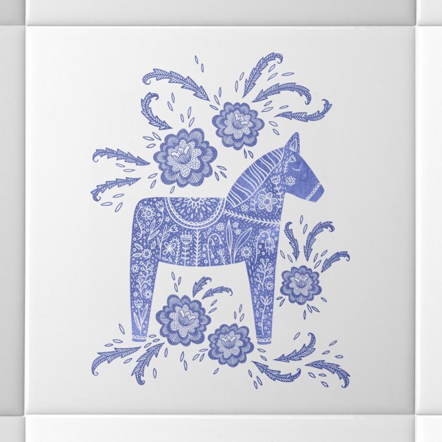 Azulejos suecos de cerámica azul y blanca (Swedish Dala Horse blue and white art ceramic tile)