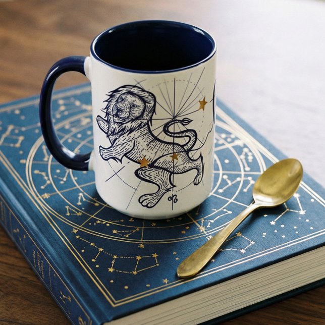 Azules marinos del zodiaco de Leo y taza del (Leo Zodiac Navy Blue & Gold Birth Mug)