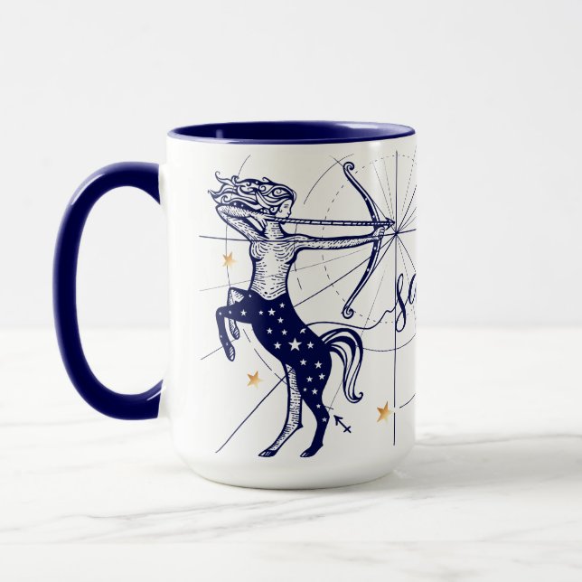 Azules marinos del zodiaco del sagitario y taza (Izquierda)