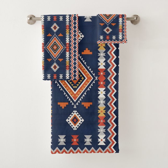 Azure Navy and Terracotta Geometric Tribal (In situ)
