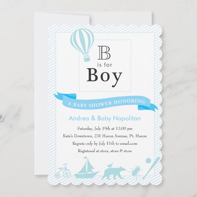 B es para Boy| Invitaciones a la ducha para bebés (Anverso)