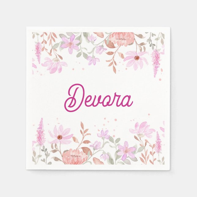 Bab mitzva rosa floral servilleta con nombre (Anverso)