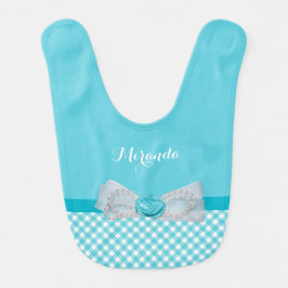 Babero Girly Aqua Gingham Cute Pearls Rosa Bow Nombra