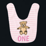 Babero Teddy Bear Pink One First Birthday<br><div class="desc">Teddy Bear Rosa One First Birthday baby bib. El texto es de color rosa y el fondo es rosa con franjas blancas. Genial para una niña que celebra su primer cumpleaños.</div>