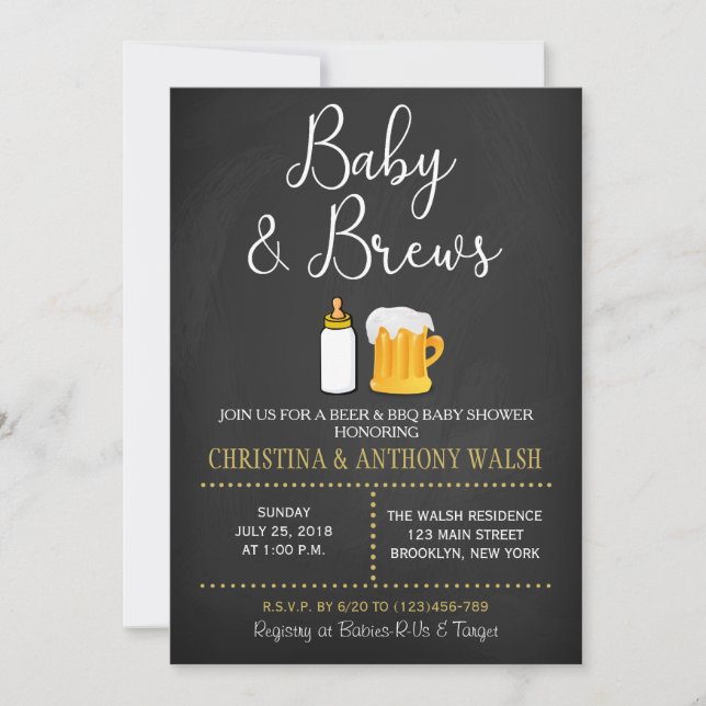 Baby and Brews Baby Shower Chalk BBQ Invitación (Anverso)
