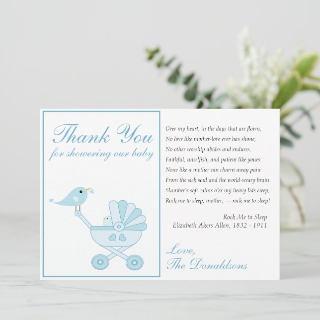 Baby Bird Blue Baby Shower Tarjeta de agradecimien (Anverso de pie)