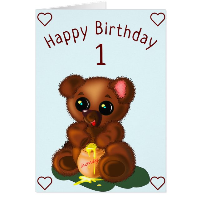 Baby Birthday Card Little Bear with Honey (Frente)