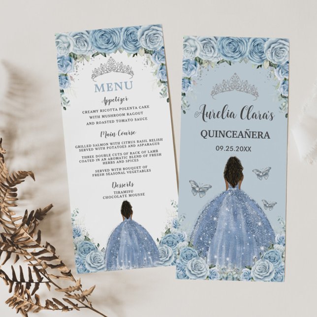 Baby Blue Floral Brown Princess Quinceañera Menu (Subido por el creador)