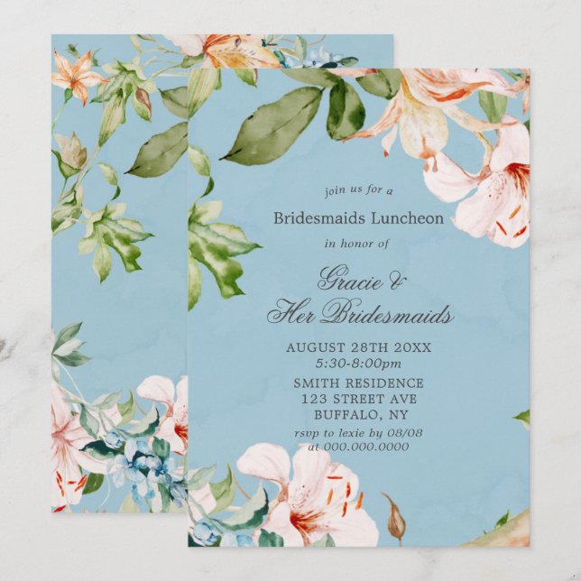 Baby Blue Pink Lily Bridesmaids Invitación al almu (Anverso / Reverso)