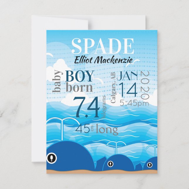 Baby Boy Birats Stats Invitación Blue Whales Card (Anverso)