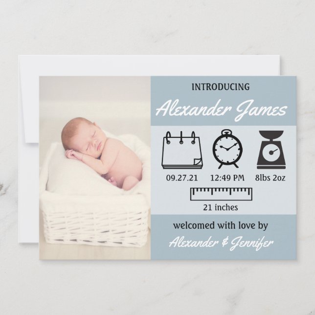 Baby Boy Birth Stats Blue Invitación (Anverso)