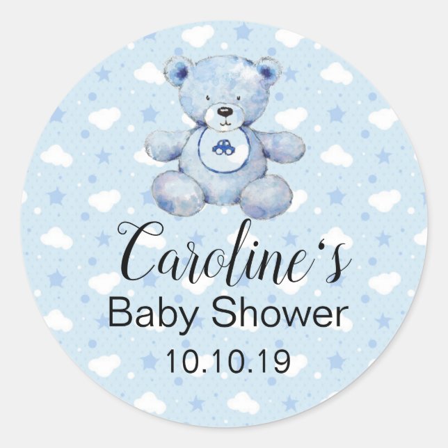 Baby Boy Blue Teddy Bear Pegatina Baby Shower (Anverso)