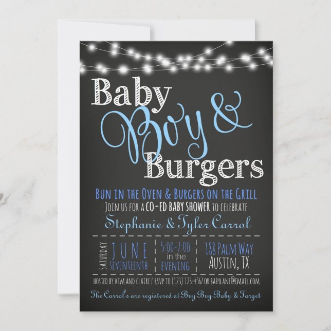 Baby Boy Burgers BBQ Ducha Tarjeta de libro de inv (Anverso)