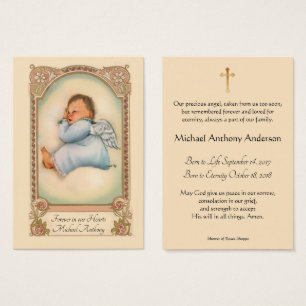 Baby Boy Católico Funeral Memorial Tarjeta Santa -