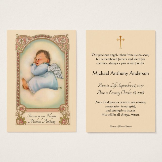 Baby Boy Católico Funeral Memorial Tarjeta Santa - (Anverso y reverso)