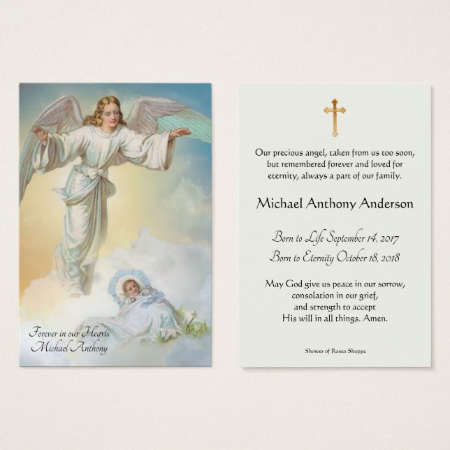 Baby Boy Católico Funeral Memorial Tarjeta Santa - (Anverso y reverso)