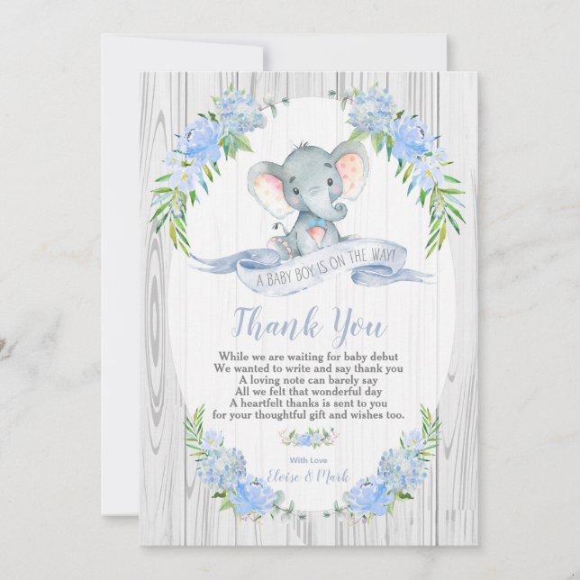 Baby Boy Elephant Baby Shower Tarjeta de agradecim (Anverso)
