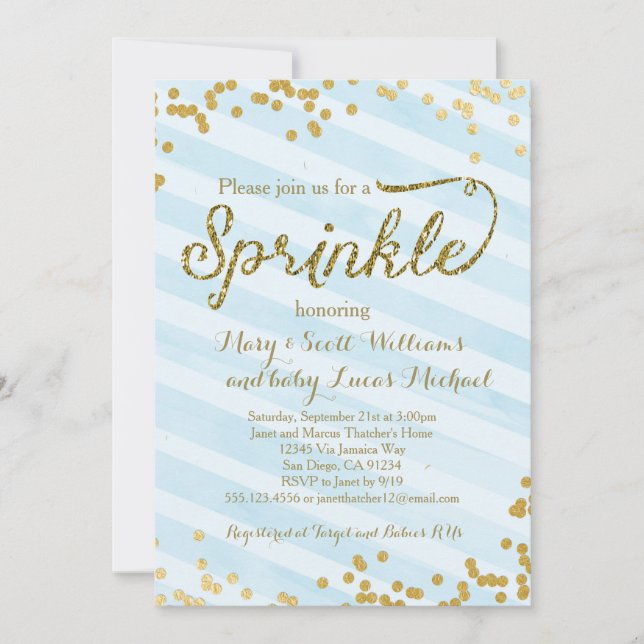 Baby Boy Sprinkle Shower Invitación oro azul (Anverso)