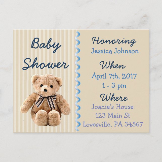 Baby Boy Teddy Bear Blue Invitación a Baby Shower (Anverso)