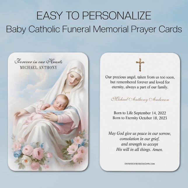 Baby Catholic Funeral Memorial Holy Card (Traditional Catholic Baby Funeral Memorial Prayer Card with Blessed Virgin Mary and Baby )