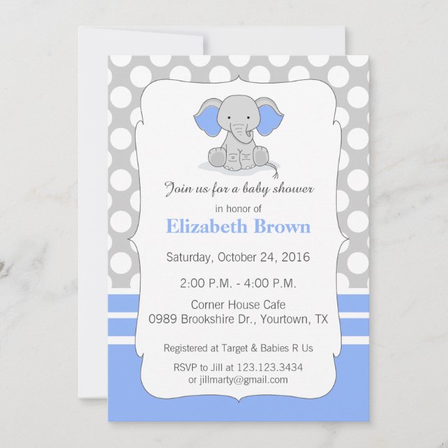 Baby Elephant Baby Shower Invitación azul (Anverso)