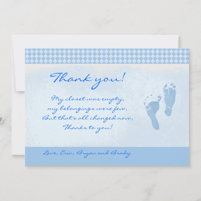 Baby Feet Blue Baby Shower Gracias tarjeta plana (Anverso)