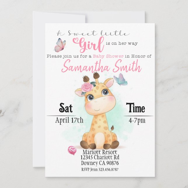 Baby Giraffe digital floral Invitación a la ducha  (Anverso)