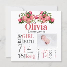 Baby Girl Birat Stat Invitación Pink Floral Card