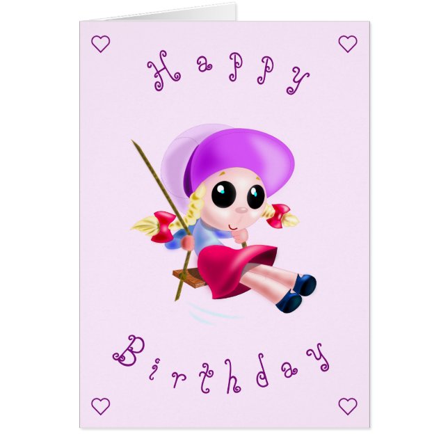 Baby Happy Birday Card Little Girl Swinging (Frente)