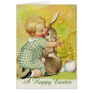 BABY HUGGGING EASTER BUNNY IN GOLD YELLOW SPARKLES