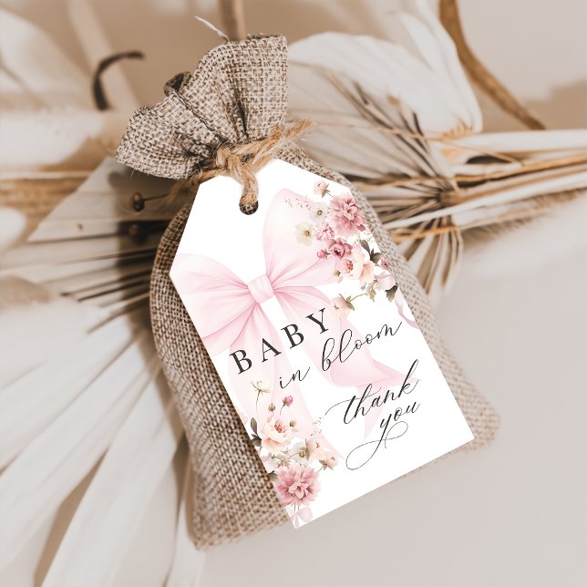 Baby In Bloom Pink Bow Baby Shower Gift Etiqueta (Subido por el creador)