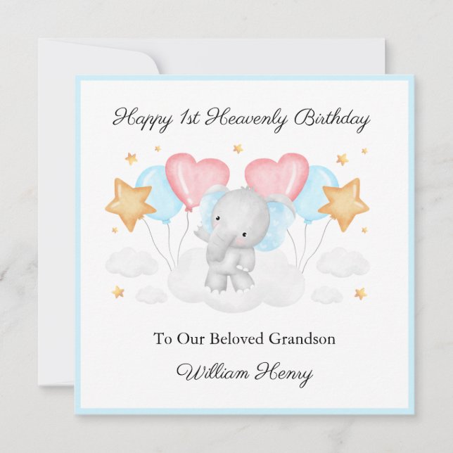 Baby Loss Boy First Birthday Jungle Elephant Card (Anverso)