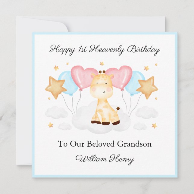 Baby Loss Boy First Birthday Jungle Giraffe Card (Anverso)