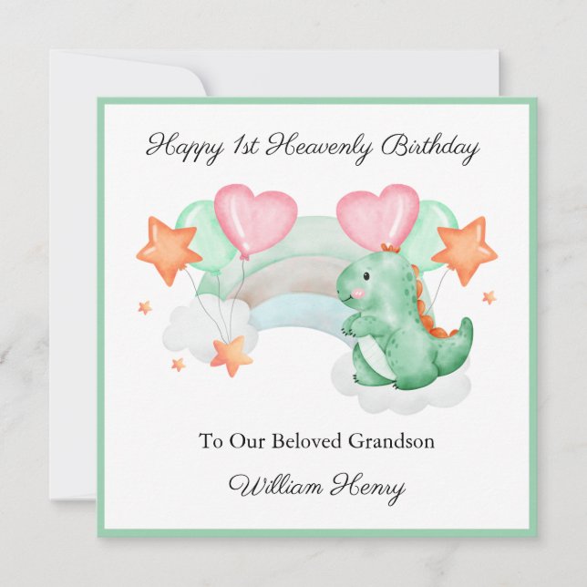 Baby Loss Boy Rainbow Green Dinosaur Birthday Card (Anverso)