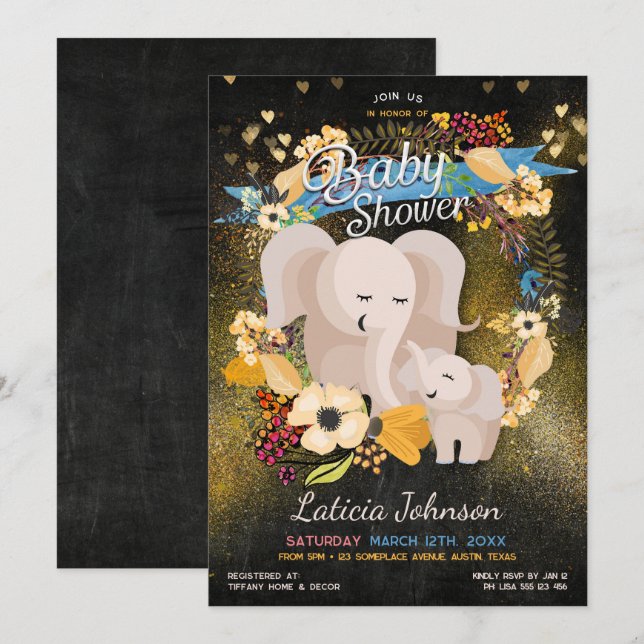 Baby Mama Elephant Floral Boho Baby Shower (Anverso / Reverso)